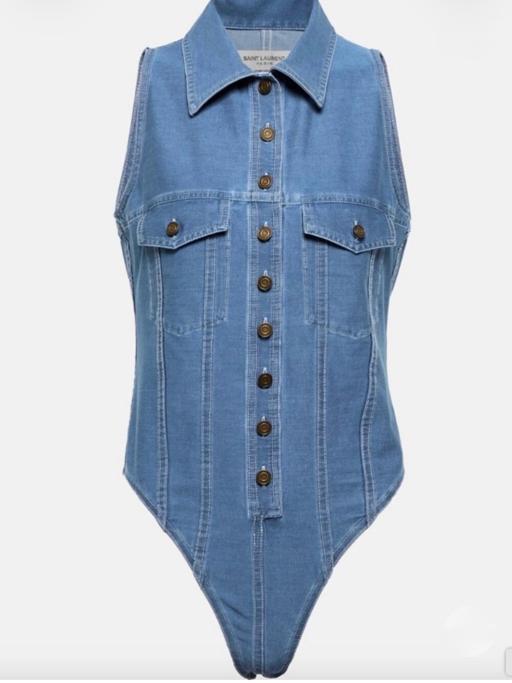 Saint Laurent Denim Bodysuit Blue Sleeveless Collared Snap Crotch FR 36 US 4